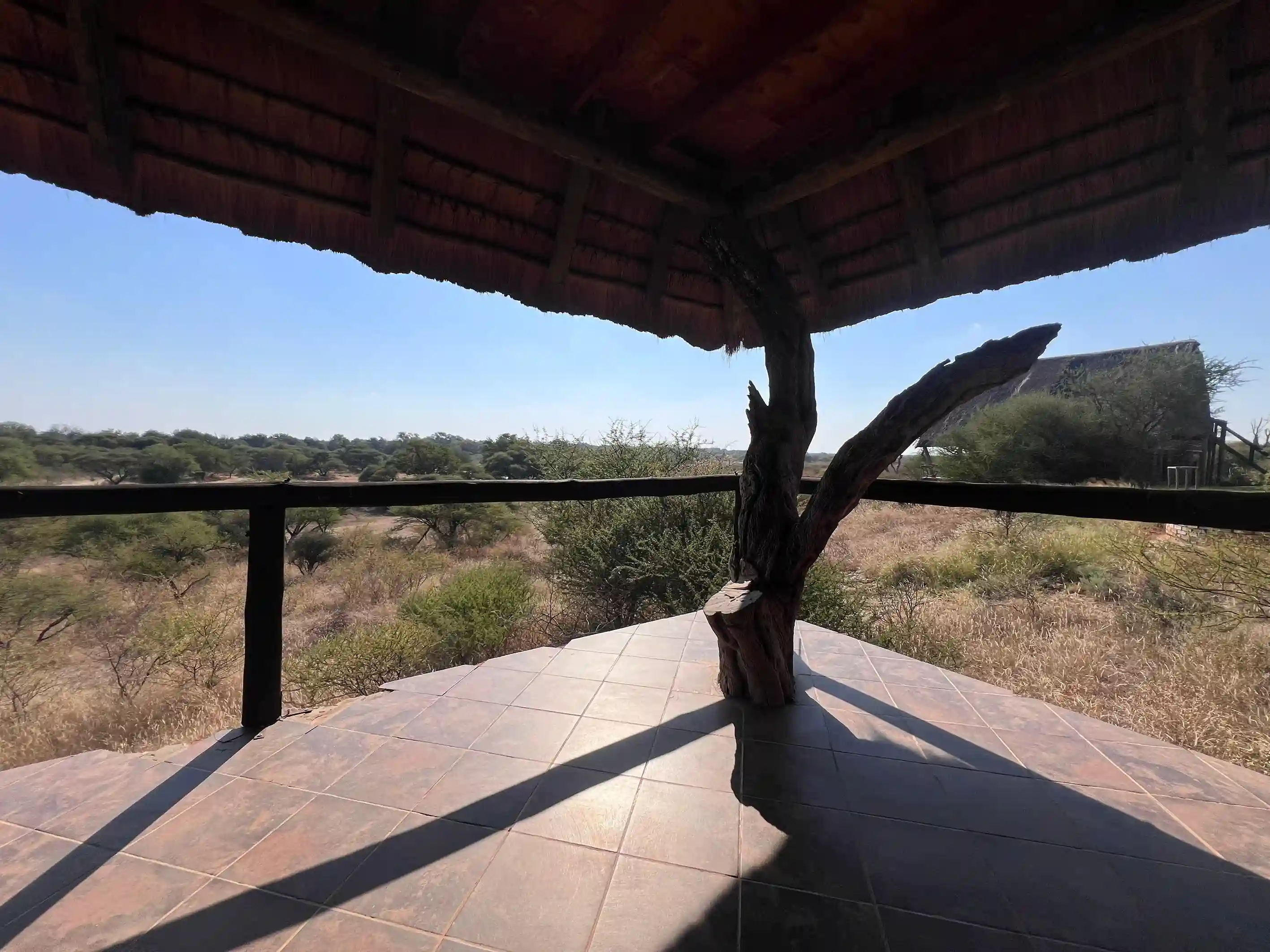 ntorno natural del lodge al atardecer, con edificios de estilo africano rodeados de naturaleza y total tranquilidad.